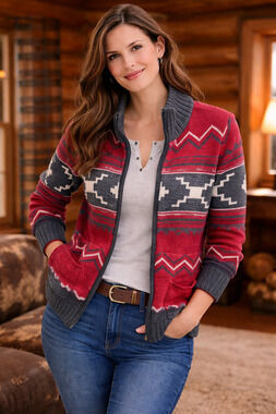 Chaps Sweater Size S Womens Zipper Cardigan Indian Aztec Tribal Red